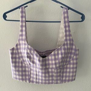 Zara lilac & ivory gingham crop top with smocked back size medium